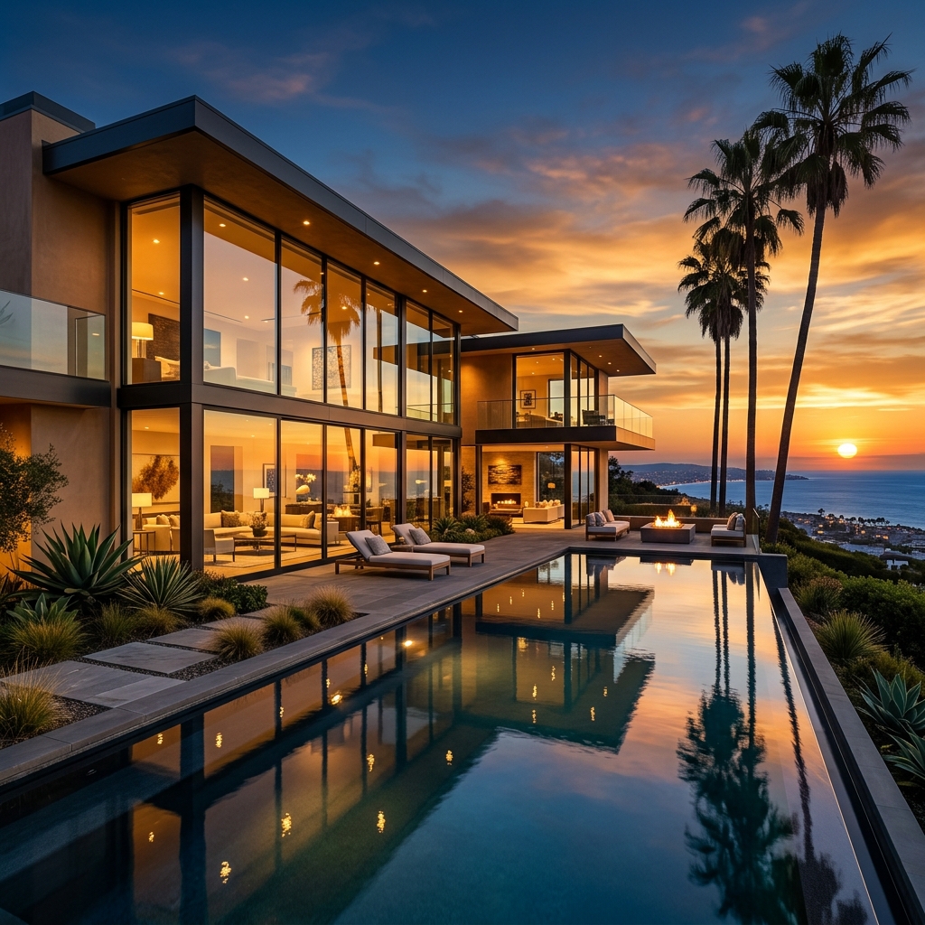 A luxurious modern home in Southern California at sunset